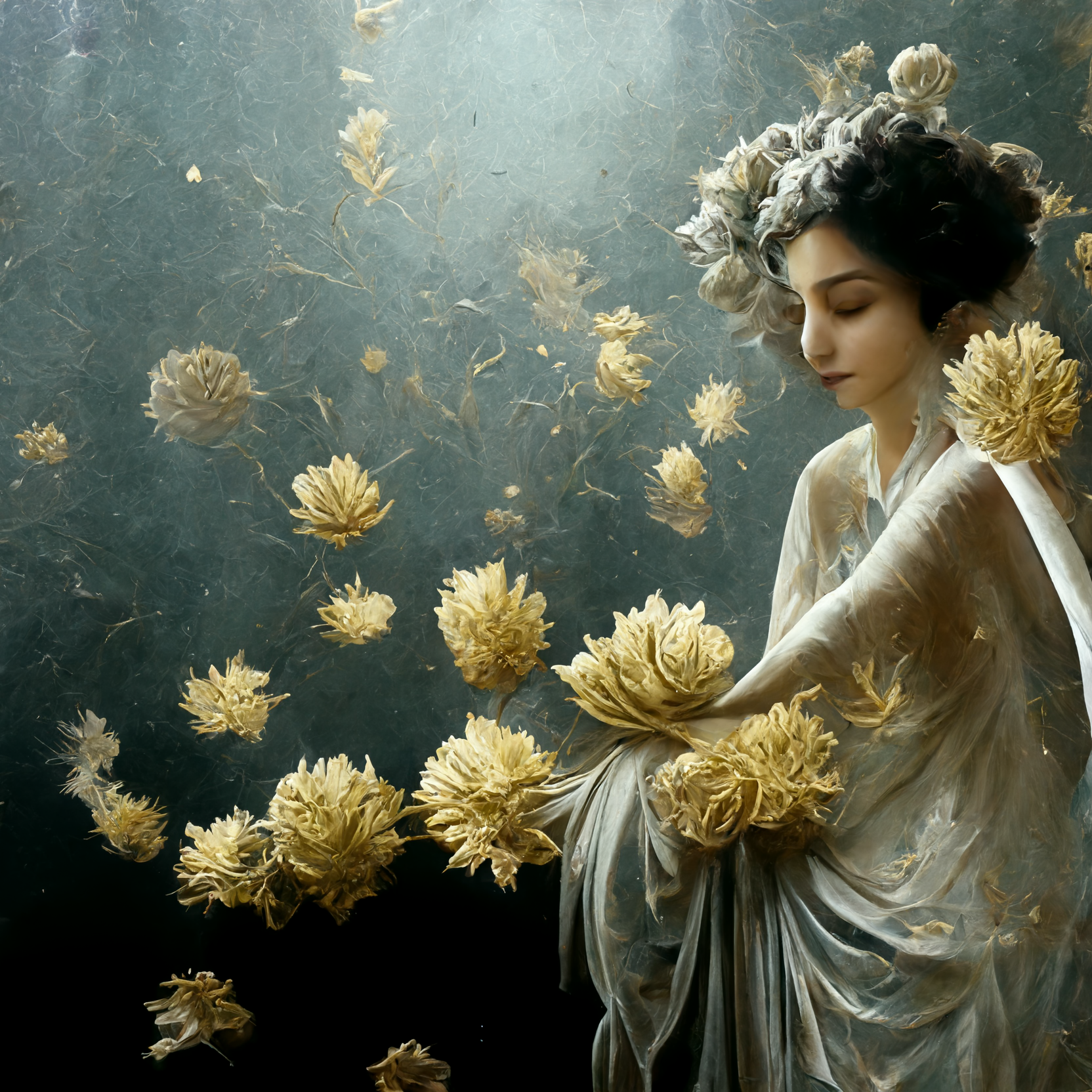 woman bathing in chrysanthemums